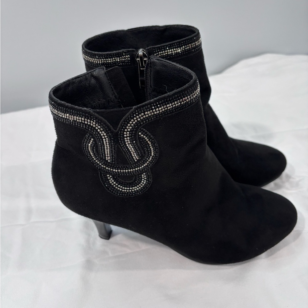 Elegant Black Ankle Boots with Beaded Detail, Size 7 1/2